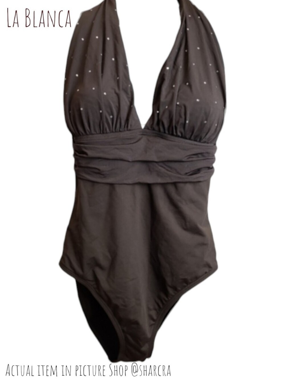 La Blanca Rod Beattie Women's Crystal Halter bodice Full Peice Swimsuit Brown 6